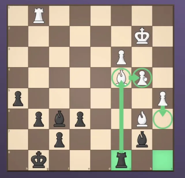 Noctie chess game: green arrows on the board mark the moves suggested by the hint, with the player's rook and king on the bottom rank
